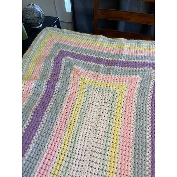 Pastel Rainbow Rectangle Handmade Crochet Knit Baby Blanket 1980s Retro Style - Picture 4 of 5